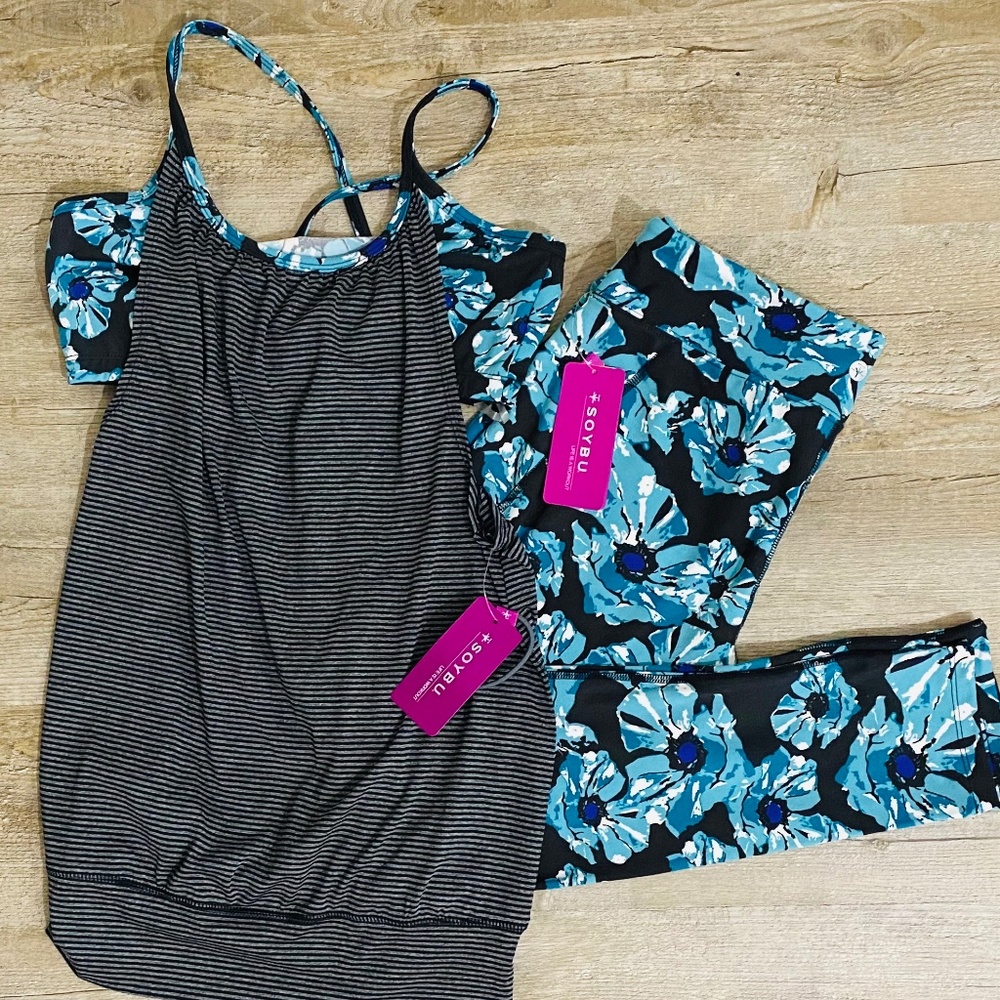 NWT Soybu Activewear Yoga Tank and Matching 7/8 Floral Legging, Size Small
